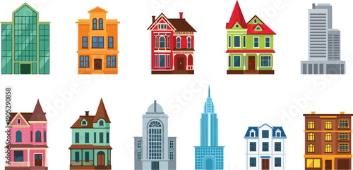 Various buildings illustration set, residential houses apartments skyscrapers architecture collection, urban city property exterior design isolated vector icons