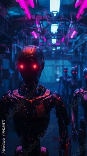 Cybernetic Vigil: A futuristic scene unveils a line of imposing cybernetic entities, their glowing red eyes piercing the shadows.