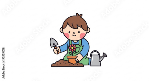 Happy child planting a flower in a pot with gardening tools on a sunny day outdoors