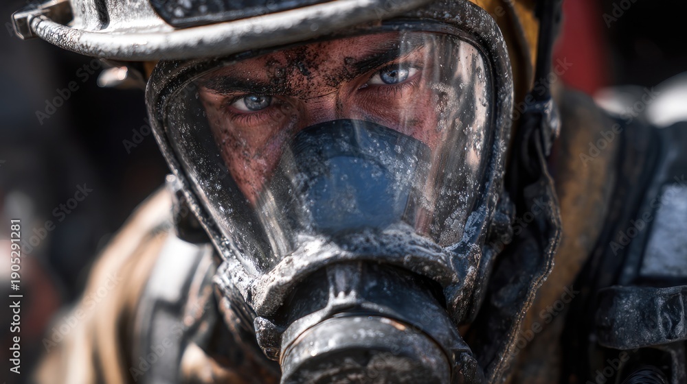 Fototapeta premium Intense Close-Up of a Firefighter with Protective Gear Against the Elements