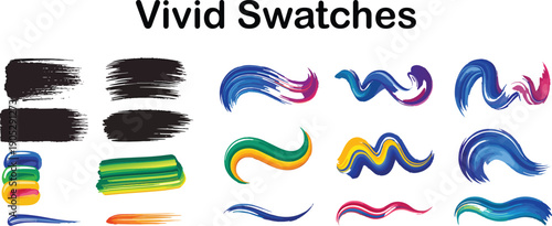 A collection of colorful vibrant paint swatches and varied brush strokes displayed on a clean white surface