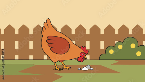 Cheerful cartoon hen forages for food on the ground. This vibrant illustration shows a farm scene with a rustic fence and green bushes, depicting simple, bright rural life