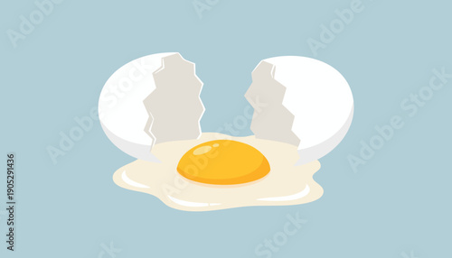 A cracked egg with a bright yellow yolk spilling out onto a light blue background, representing a simple ingredient for cooking or baking