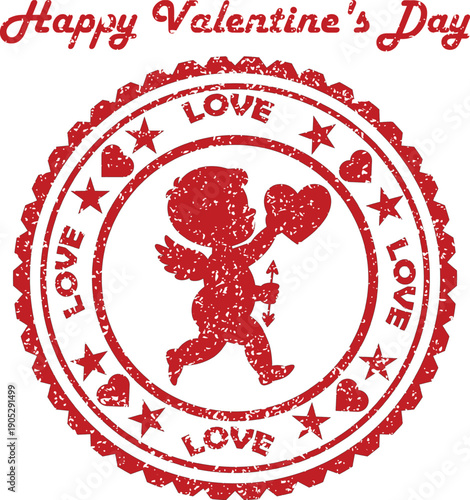 A red grunge style stamp featuring a joyful cupid holding a heart and Happy Valentines Day text