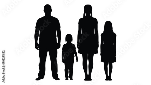 Silhouette of a family of four standing together in a line Vector
