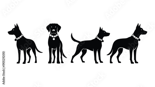 Four different dog silhouettes standing side by side in a row Vector