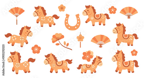 Flat lay of orange horse stickers with flowers and fans on white background.