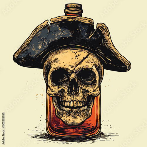 rum bottle pirate skull , vector style simple color