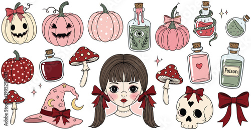 Pastel Halloween sticker set with cute girl pigtails pink pumpkins magic potions witch hat and mushrooms vector illustration