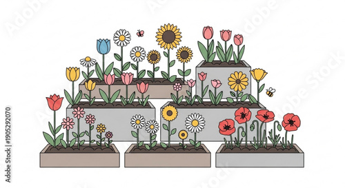 Vibrant multi tiered flower garden with assorted colorful blooms in planters on white background for decoration and gardening inspiration
