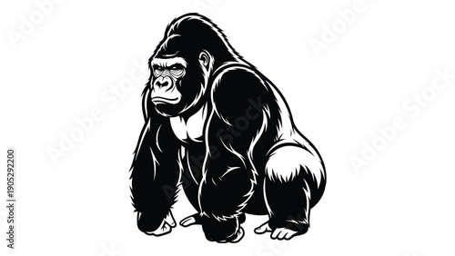 A powerful gorilla sitting with a serious expression in a black and white illustration Vector