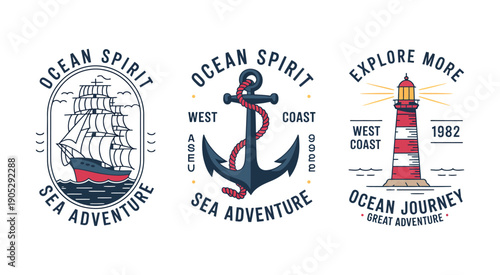 Vintage Nautical Vector Set Featuring Sailing Ship, Anchor and Lighthouse Illustrations, Ideal for Ocean Themed Apparel, Retro Badges, Maritime Adventure Graphics and Classic Sea Design Projects