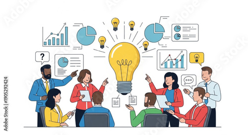 Diverse Team Brainstorming Around Lightbulb Idea.