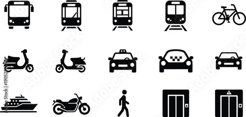 A set of black and white icons representing various modes of transportation and related urban elements