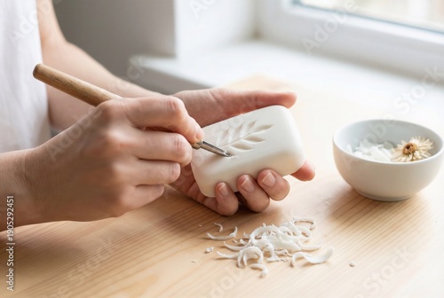Hand carve white soap into leaf with tool