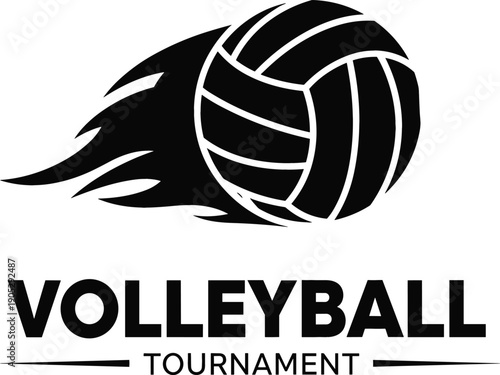 Professional volleyball tournament logo featuring flaming ball silhouette and bold typography for team sports event branding and apparel