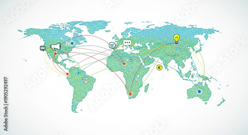 World Map with Marked Locations and Connections.