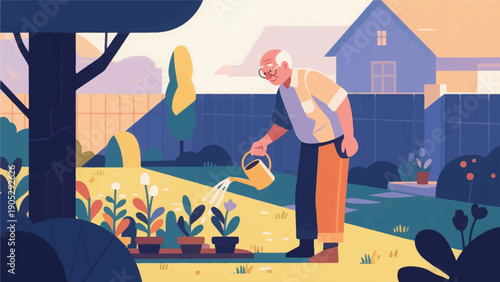 Illustration Of An Elderly Veteran Watering Plants In The Yard In The Morning  Vector Design Template