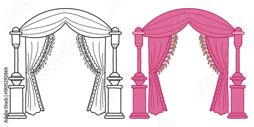 Elegant wedding arch with drapery and floral garland illustration. Arch for wedding marriage ceremony, and drawn sketch decorated