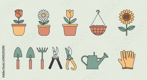 Gardening tools and flowers for planting and nurturing including gloves watering can and pruning shears on a green background
