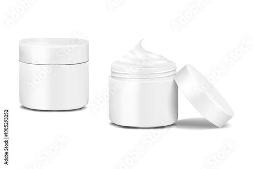 White blank jar of face skin care cream closed and open. Realistic 3d vector mockup. Round container filled with skincare cosmetic product. Mock-up. Advertising sample. Template for design