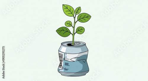 Sprouting green plant grows in reused aluminum soda can with water symbolizing eco friendly recycling and sustainability