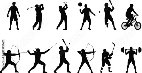 Sports silhouettes collection, athletic activities, diverse fitness icons, dynamic movement, competitive games, physical training, recreation illustration, black figures – flavector
