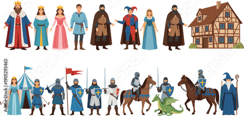Medieval fantasy characters vector set with kings, knights, monks and village house, role playing game illustration