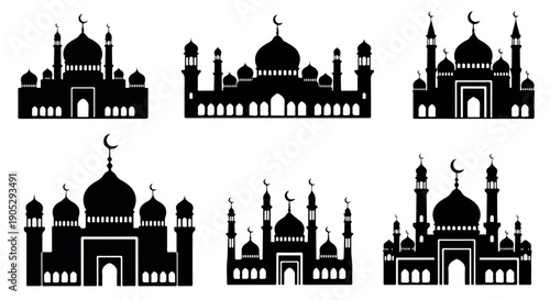 Collection of six black silhouette mosque icons with domes and minarets on a white background.