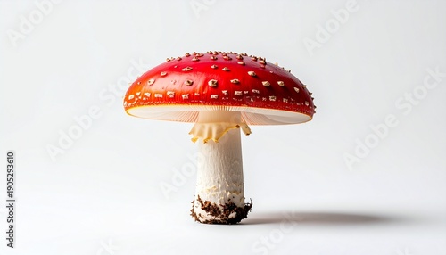 Isolated, vibrant red mushroom with white spots and a white stem against a plain white background
