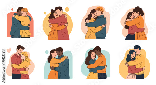 Illustration of diverse couples hugging in colorful, rounded frames with pastel background.