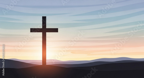 Christian cross silhouette standing on hilltop at dramatic sunrise with vibrant sky and rolling hills in background