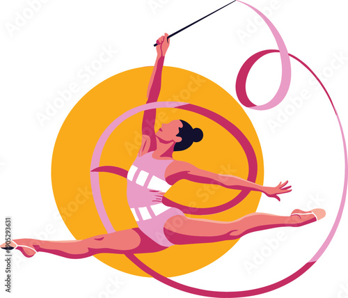 Vibrant illustration of female rhythmic gymnast performing split jump with pink ribbon for dance and sports branding