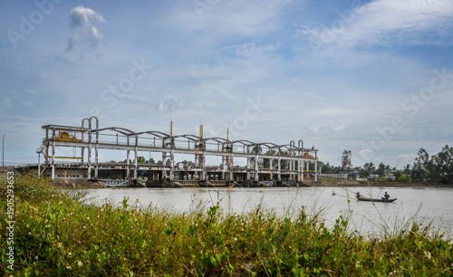 Salinity control dam at a Mekong River estuary in Ben Tre, Vietnam.