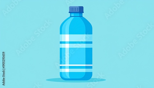 Isolated, stylized illustration of a transparent blue water bottle on a matching background