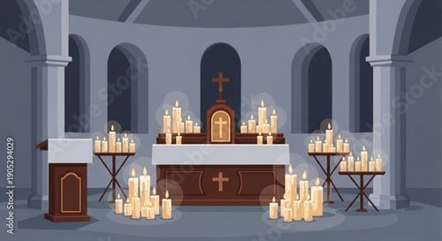 Serene church altar with numerous candles cross and religious symbols in a peaceful atmosphere soft lighting and gray arches