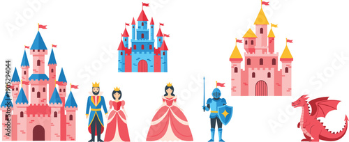Fairy tale castle and princess characters vector set with knight and dragon for children fantasy design