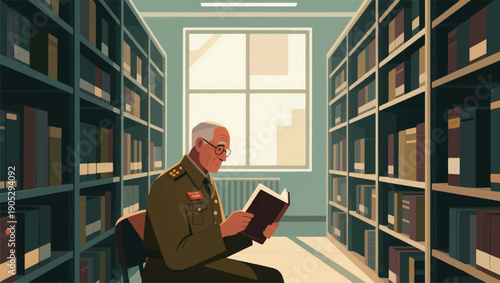 Illustration Of A Veteran Reading A History Book In A Library, Tall Bookshelves All Around Vector Design Template