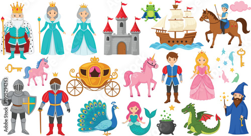Fairy tale fantasy characters and magical elements vector set with princesses, knights, castles and mythical creatures