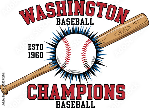 Vintage Washington baseball champions emblem with bat and ball for tournament apparel and varsity sports team branding