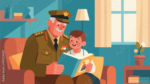 Illustration Of A Veteran Reading A Story Book To His Grandson, Warm Home Atmosphere, Gentle And Loving Expression Vector Design Template
