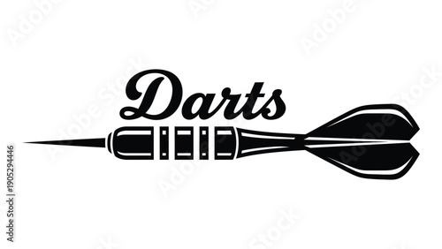 A stylized dart with the word darts written in a cursive font above it. Vector