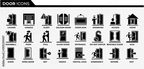 Door icon set. Containing enter, exit, doorbell, knock, open door, home, closed door, pull and push symbol. Solid icons vector collection.