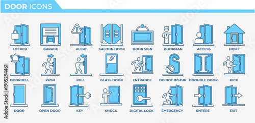 Door icon set. Containing enter, exit, doorbell, knock, open door, home, closed door, pull and push symbol. Solid icons vector collection.