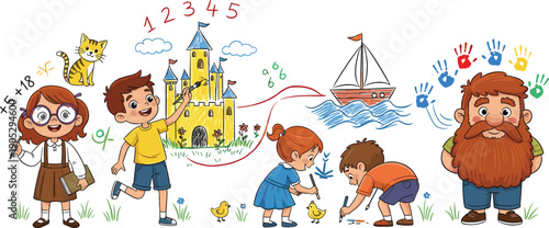 Whimsical children art education set with kids painting sandcastle drawing sailboat teacher and colorful handprints for preschool learning