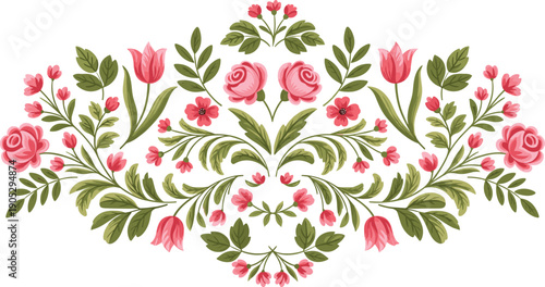 Floral decorative design illustration, symmetrical arrangement of roses tulips blossoms with green leaves, colorful vector artwork, botanical and textile theme, balanced composition, 