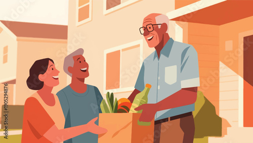 Illustration Of A Veteran Helping A Neighbor Carry Groceries, A Warm Social Interaction In A Residential Neighborhood Vector Design Template