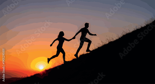 Silhouette of a man and woman running hand in hand up a hill against a vibrant sunset with warm orange and purple hues.