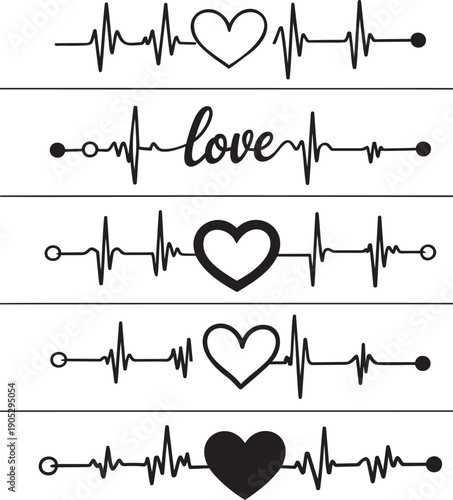 Black electrocardiogram lines featuring heart symbols and the word love on a clean white background