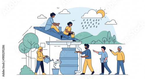 People collecting and sharing rainwater for sustainable living on a sunny day with clouds and a half moon